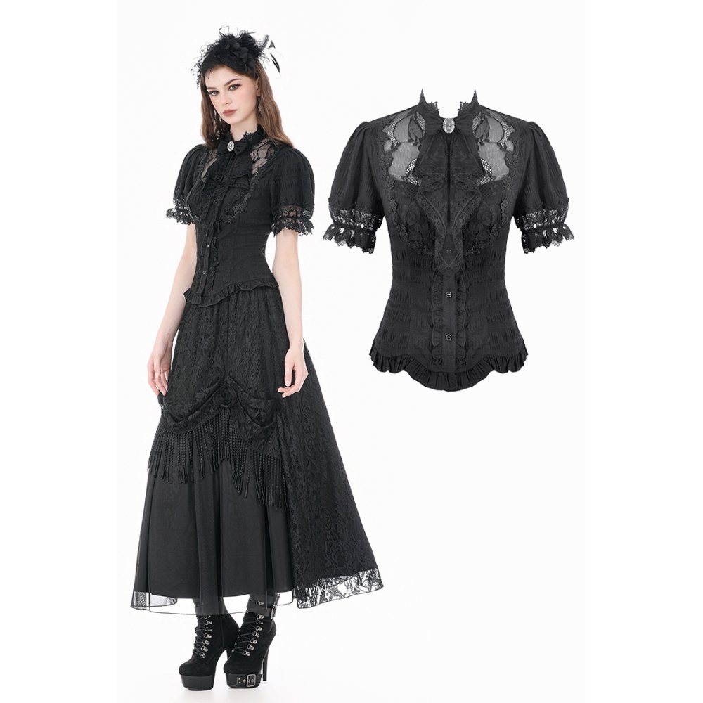 Dark in Love - Lolita with Pinstripe Texture, Guipure Lace and Detachable Cameo Bow Blouse - Black